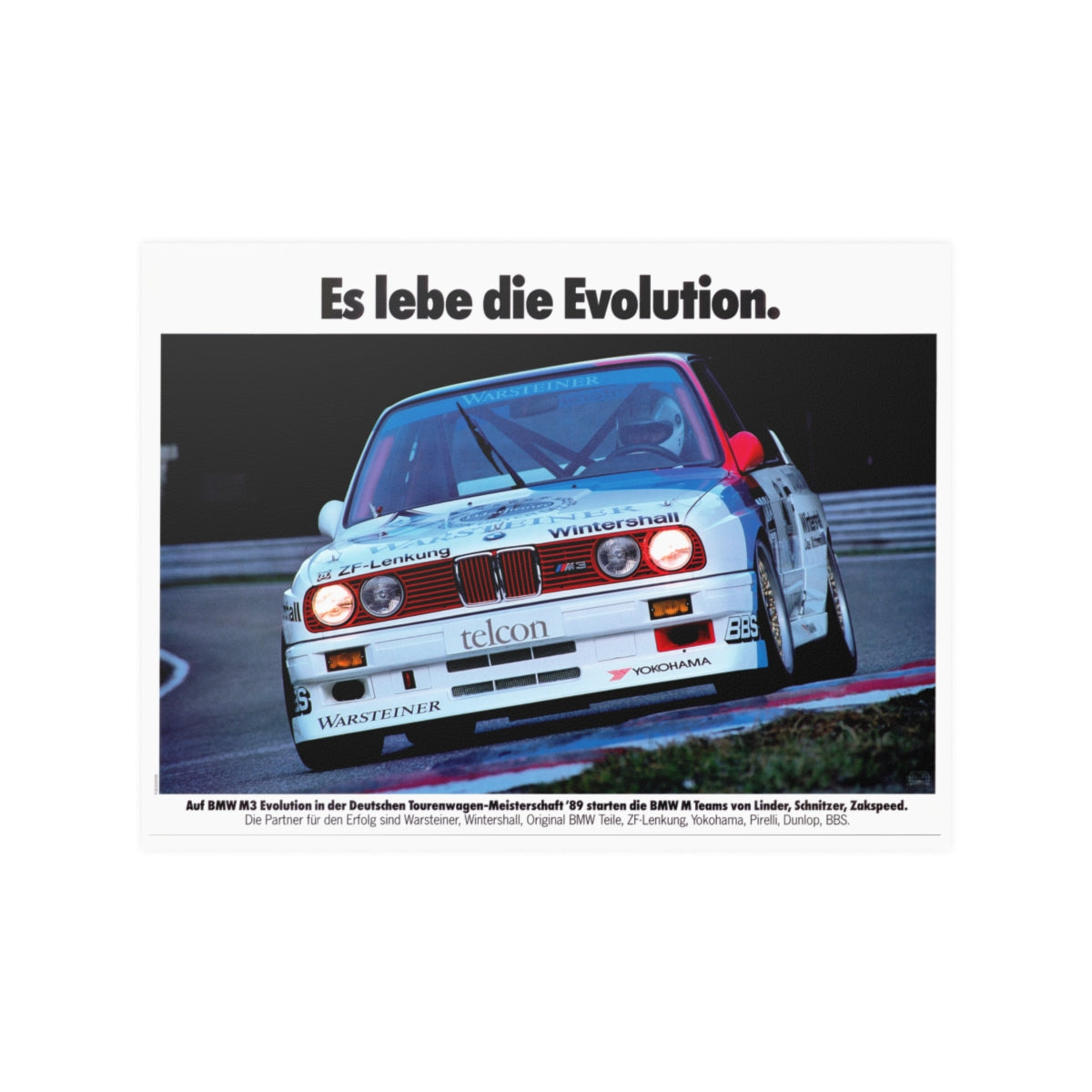 BMW E30 M3 shown in motion, racing on a track. Title above the photo reads Long live Evolution. 