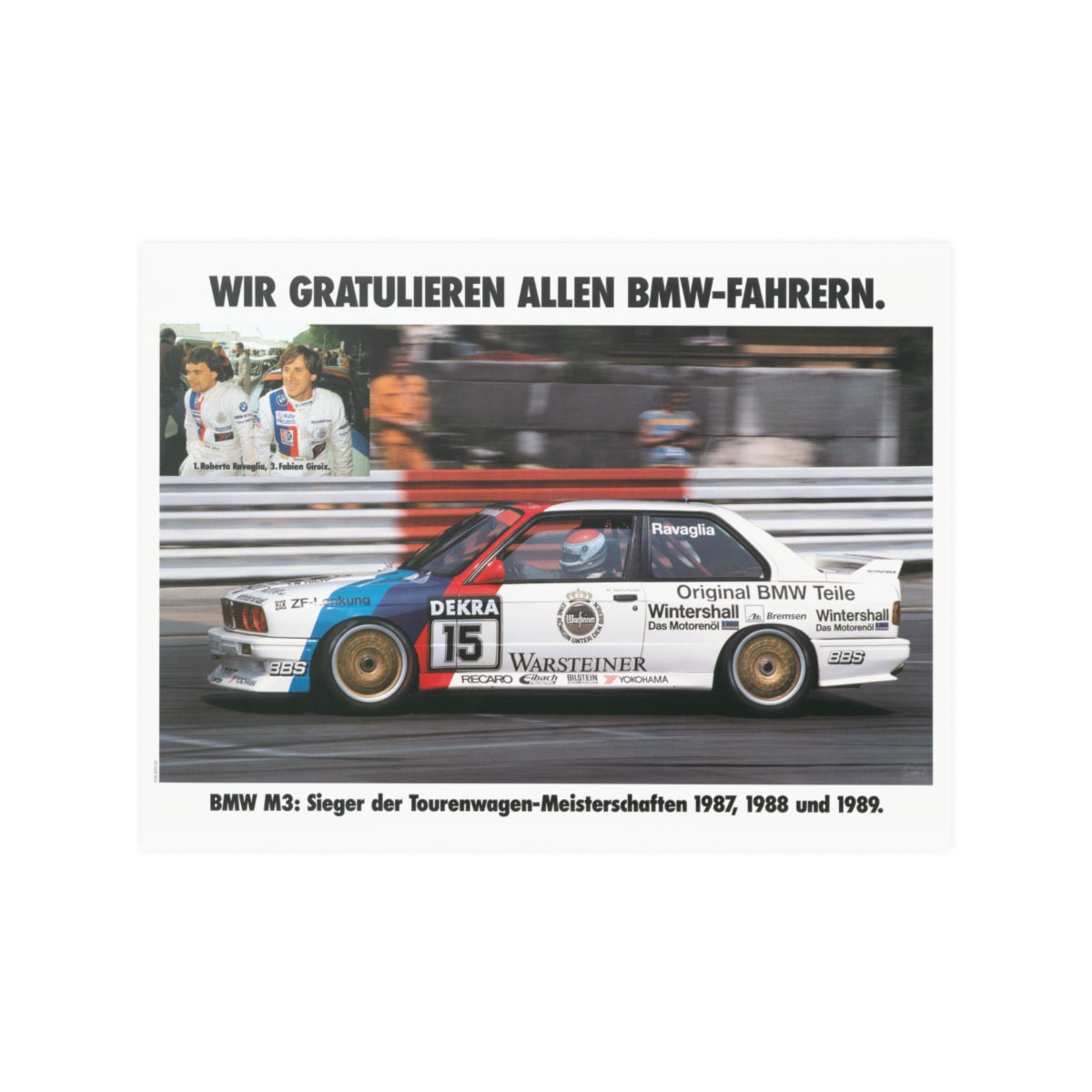 BMW E30 M3 shown in motion, racing on a track. Title above the photo reads Congratulations to all BMW drivers. 