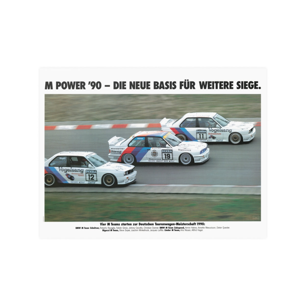 Three BMW E30 M3 race cars shown in motion, racing on a track. Title above the photo reads M Power '90 - The new basis for further victories.