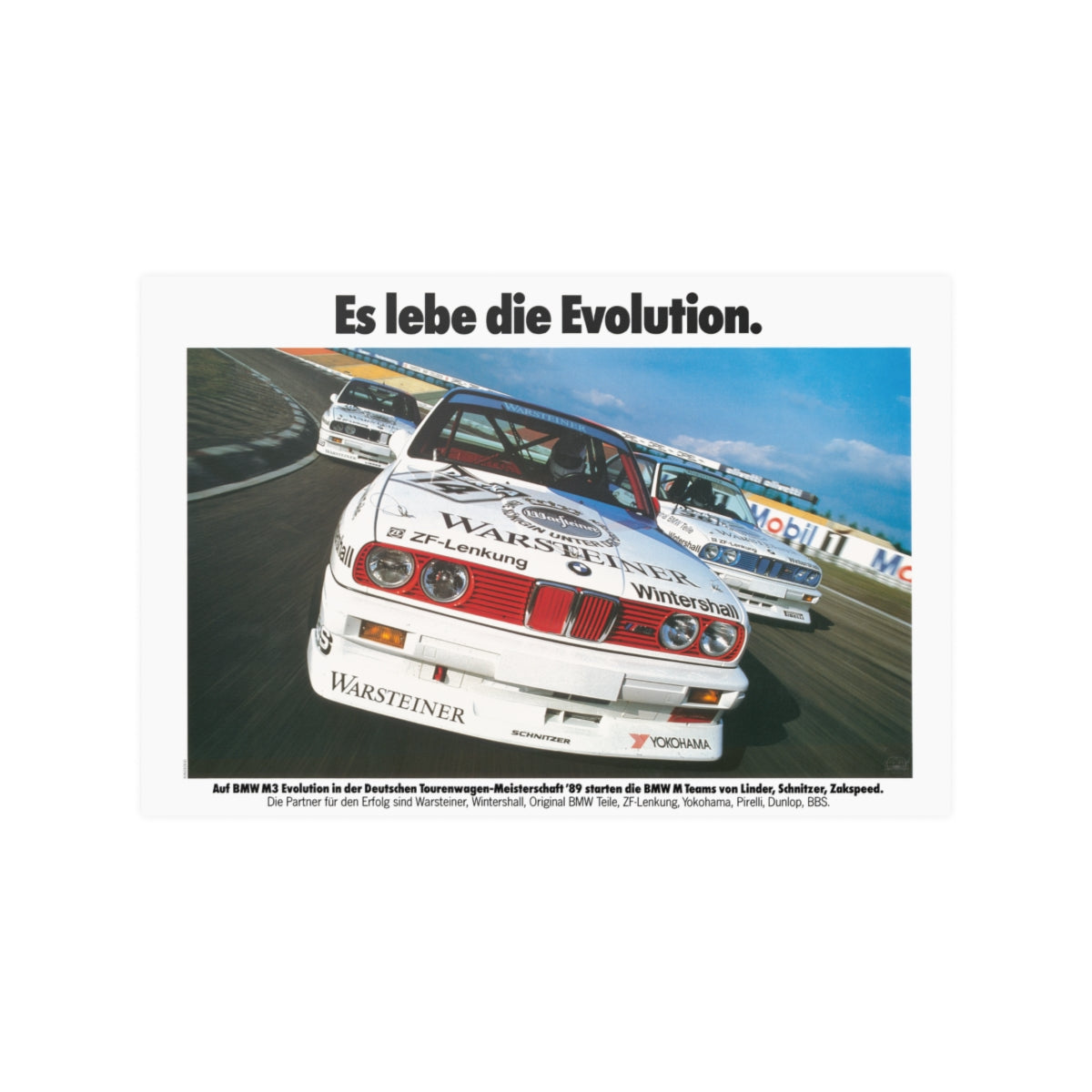 Three BMW E30 M3 race cars shown in motion, racing on a track. Title above the photo reads Long live Evolution. 