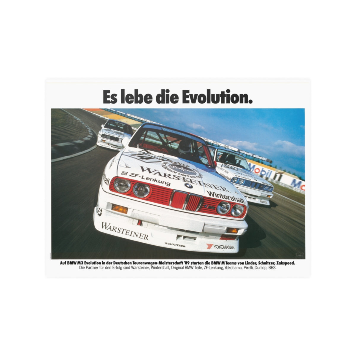 Three BMW E30 M3 race cars shown in motion, racing on a track. Title above the photo reads Long live Evolution. 