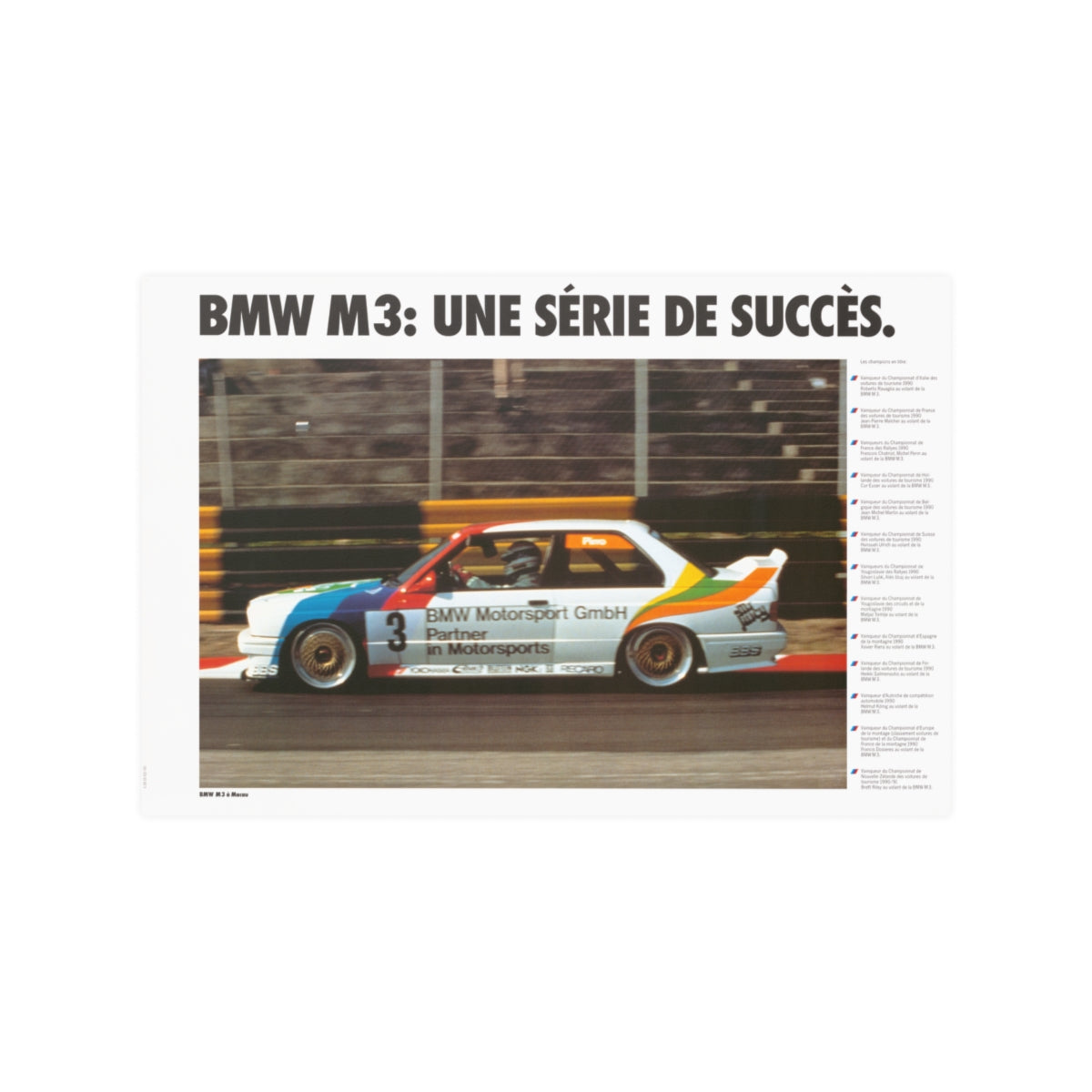 BMW E30 M3 shown in motion, racing on a track. Title above the photo reads BMW M3 a series of successes. 