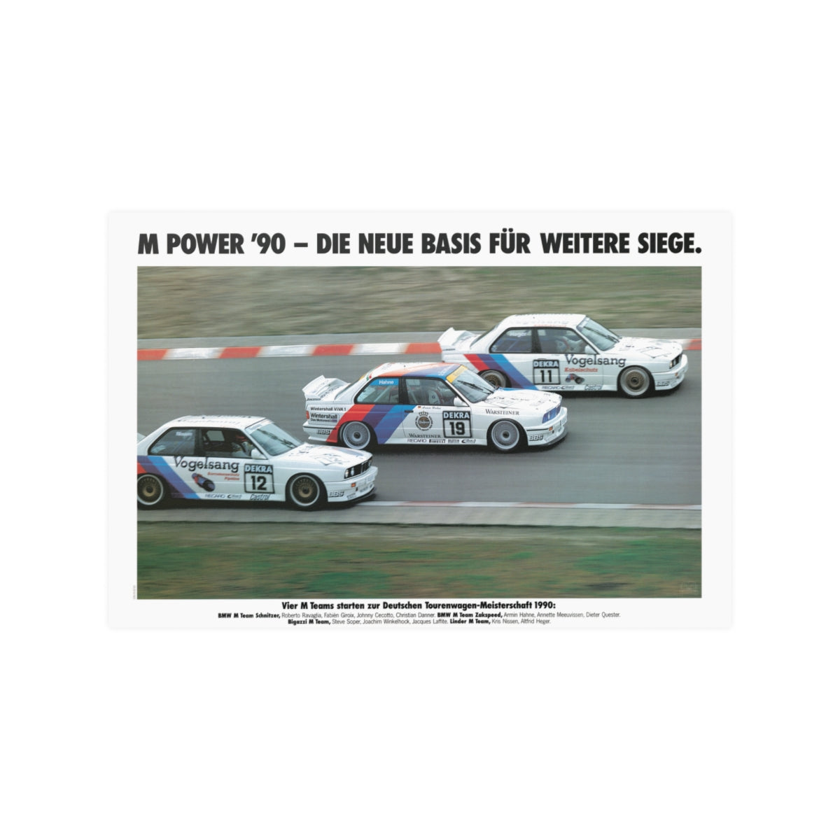 Three BMW E30 M3 race cars shown in motion, racing on a track. Title above the photo reads M Power '90 - The new basis for further victories.