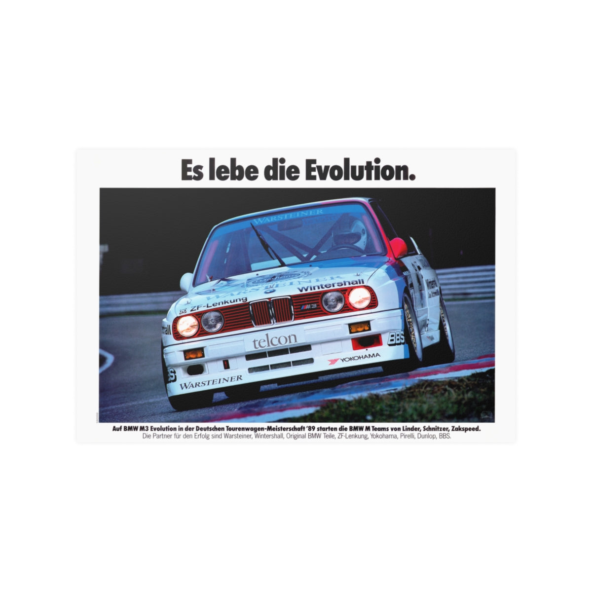 BMW E30 M3 shown in motion, racing on a track. Title above the photo reads Long live Evolution. 