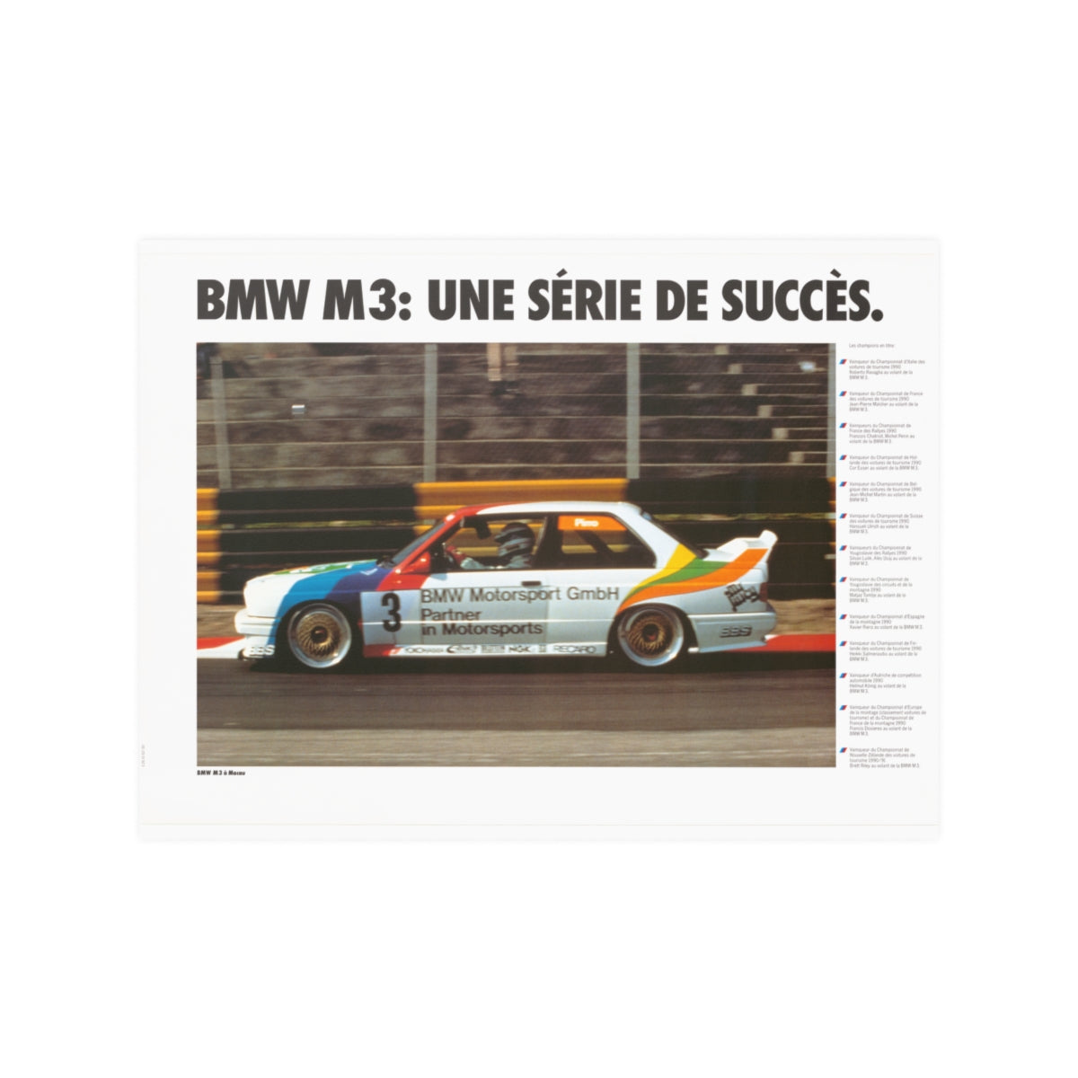 BMW E30 M3 shown in motion, racing on a track. Title above the photo reads BMW M3 a series of successes. 